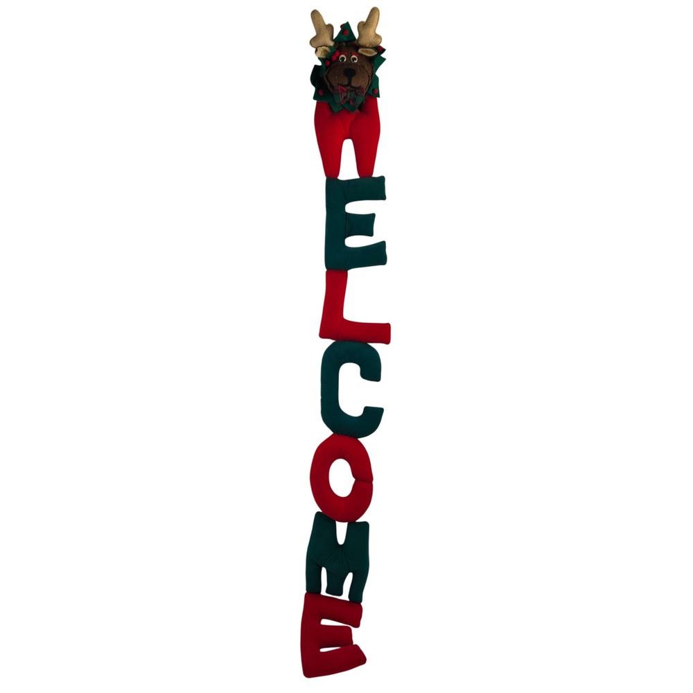 Vtg Handmade Reindeer Welcome Door Hanger Plush Christmas Decor Red Green 46"